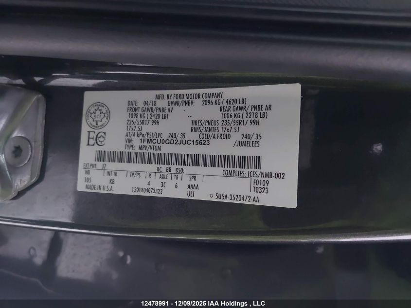 2018 Ford Escape Se VIN: 1FMCU0GD2JUC15623 Lot: 12478991