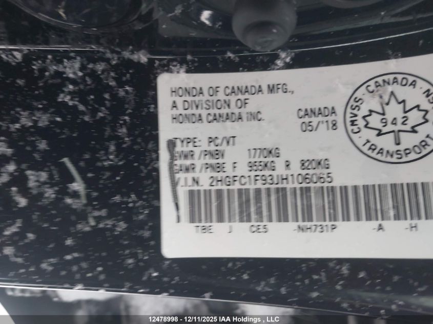2018 Honda Civic Touring VIN: 2HGFC1F93JH106065 Lot: 12478998