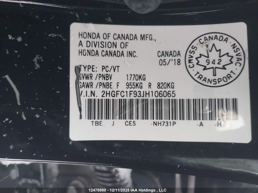 2018 Honda Civic Touring VIN: 2HGFC1F93JH106065 Lot: 12478998