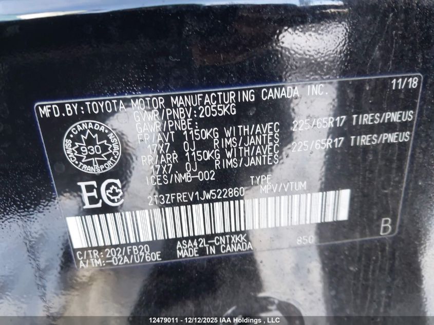 2018 Toyota Rav4 Le VIN: 2T3ZFREV1JW522860 Lot: 12479011