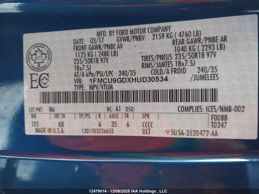 2017 Ford Escape Se VIN: 1FMCU9GDXHUD30534 Lot: 12479014