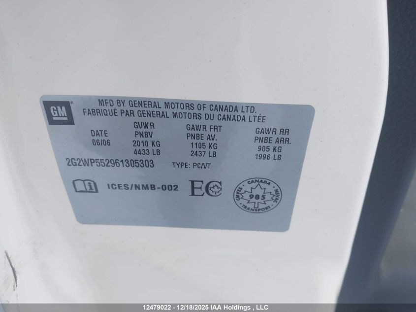 2006 Pontiac Grand Prix VIN: 2G2WP552961305303 Lot: 12479022