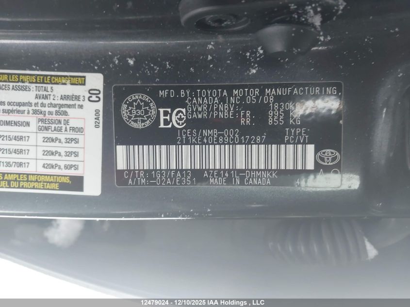 2009 Toyota Matrix Xr VIN: 2T1KE40E89C017287 Lot: 12479024