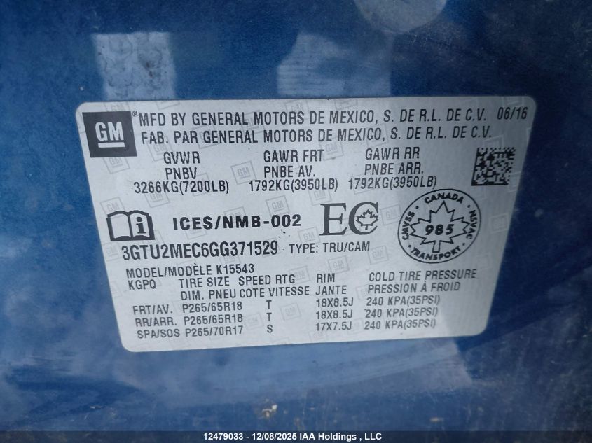 2016 GMC Sierra 1500 Sle VIN: 3GTU2MEC6GG371529 Lot: 12479033