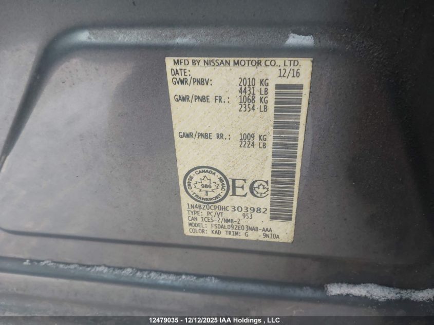 2017 Nissan Leaf S/Sl/Sv VIN: 1N4BZ0CP0HC303982 Lot: 12479035