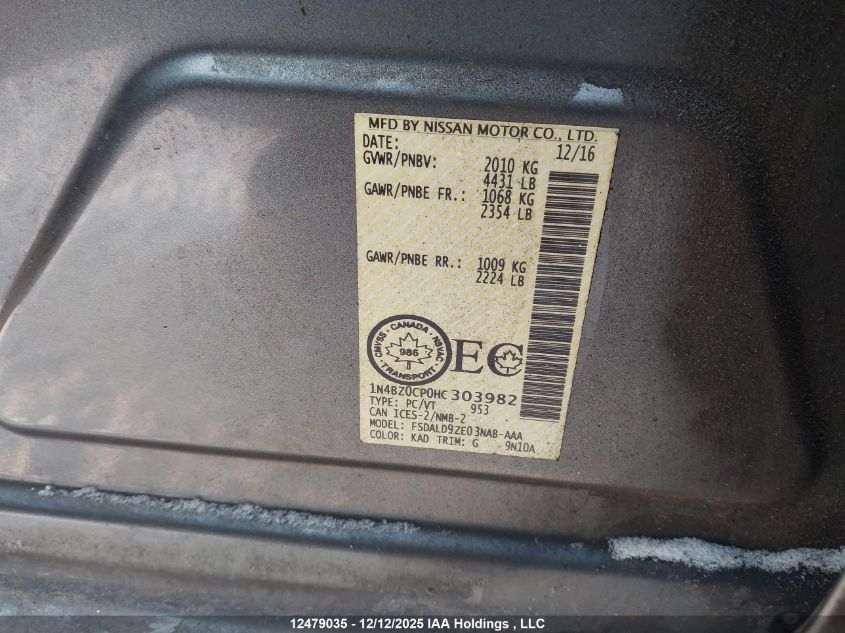 2017 Nissan Leaf S/Sl/Sv VIN: 1N4BZ0CP0HC303982 Lot: 12479035