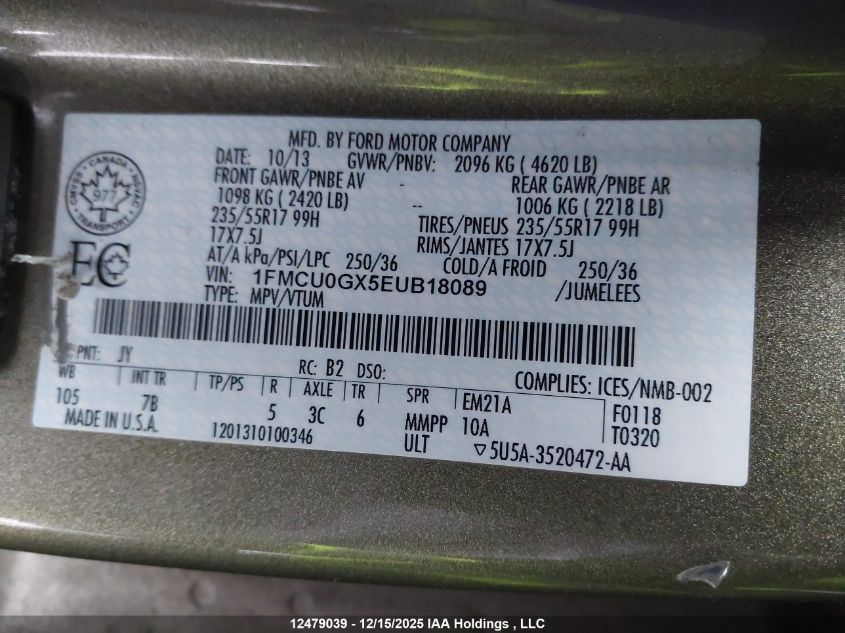 2014 Ford Escape Se VIN: 1FMCU0GX5EUB18089 Lot: 12479039