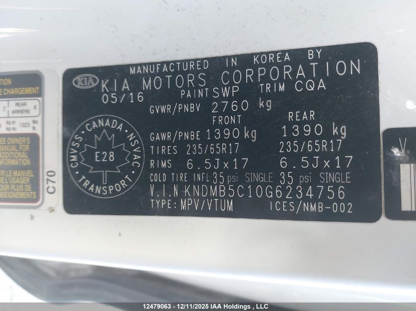 2016 Kia Sedona Lx VIN: KNDMB5C10G6234756 Lot: 12479063