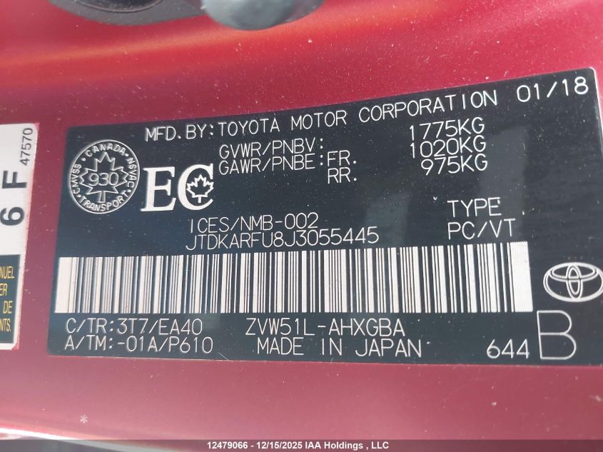 2018 Toyota Prius VIN: JTDKARFU8J3055445 Lot: 12479066