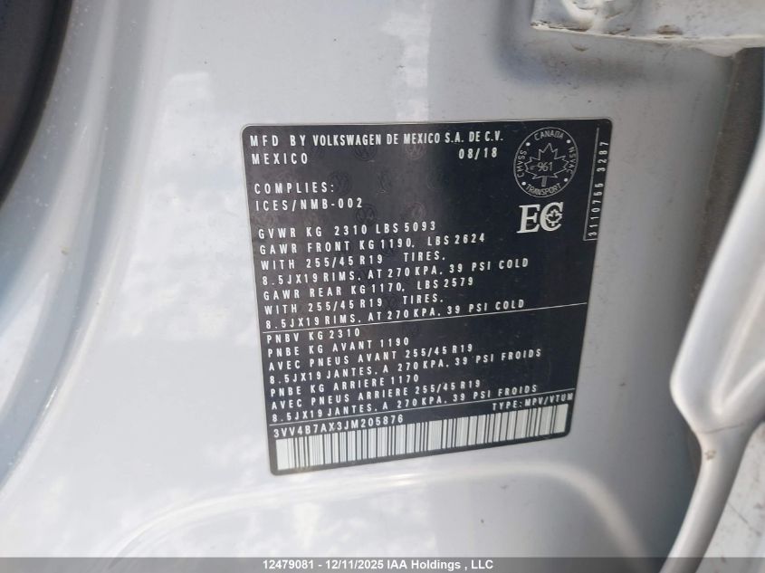 2018 Volkswagen Tiguan VIN: 3VV4B7AX3JM205876 Lot: 12479081