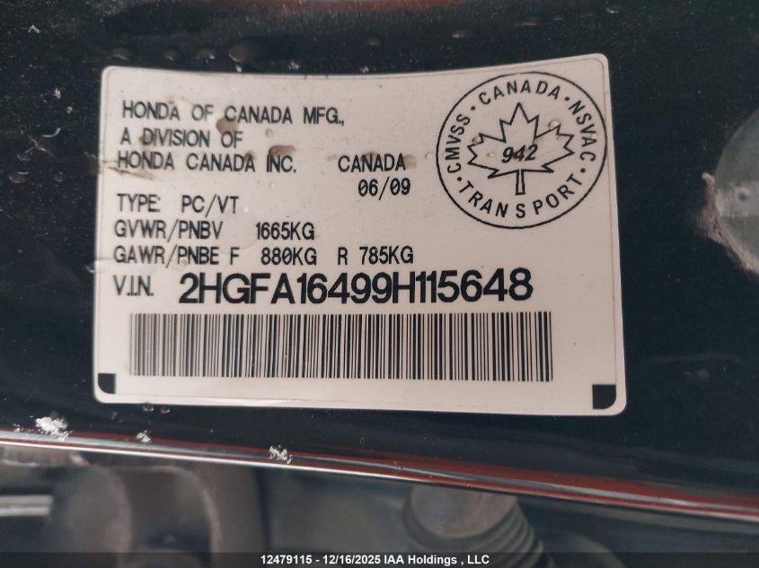 2009 Honda Civic Dx-G VIN: 2HGFA16499H115648 Lot: 12479115