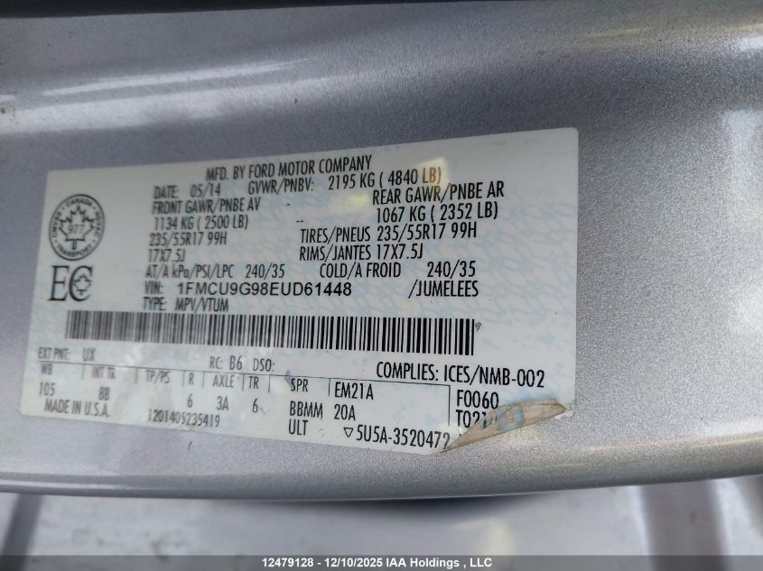 2014 Ford Escape Se VIN: 1FMCU9G98EUD61448 Lot: 12479128