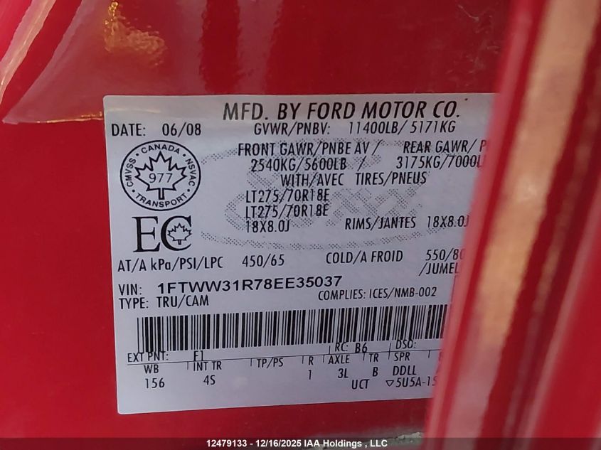 2008 Ford F350 Srw Super Duty VIN: 1FTWW31R78EE35037 Lot: 12479133