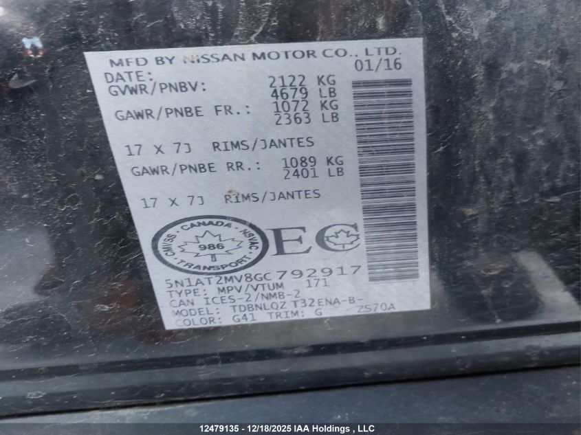 2016 Nissan Rogue S/Sl Premium/Sv VIN: 5N1AT2MV8GC792917 Lot: 12479135