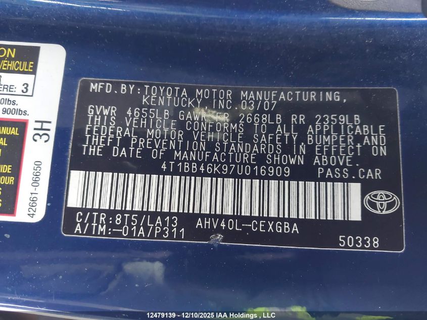 2007 Toyota Camry Hybrid VIN: 4T1BB46K97U016909 Lot: 12479139