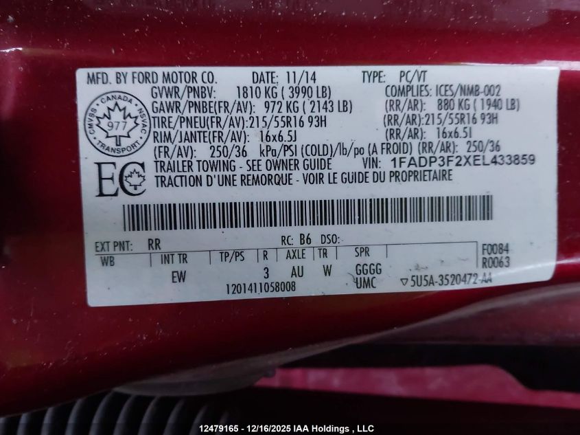 2014 Ford Focus Se VIN: 1FADP3F2XEL433859 Lot: 12479165