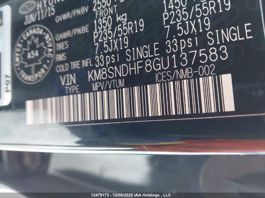 2016 Hyundai Santa Fe Se/Limited VIN: KM8SNDHF8GU137583 Lot: 12479173