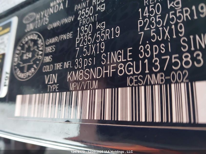 2016 Hyundai Santa Fe Se/Limited VIN: KM8SNDHF8GU137583 Lot: 12479173
