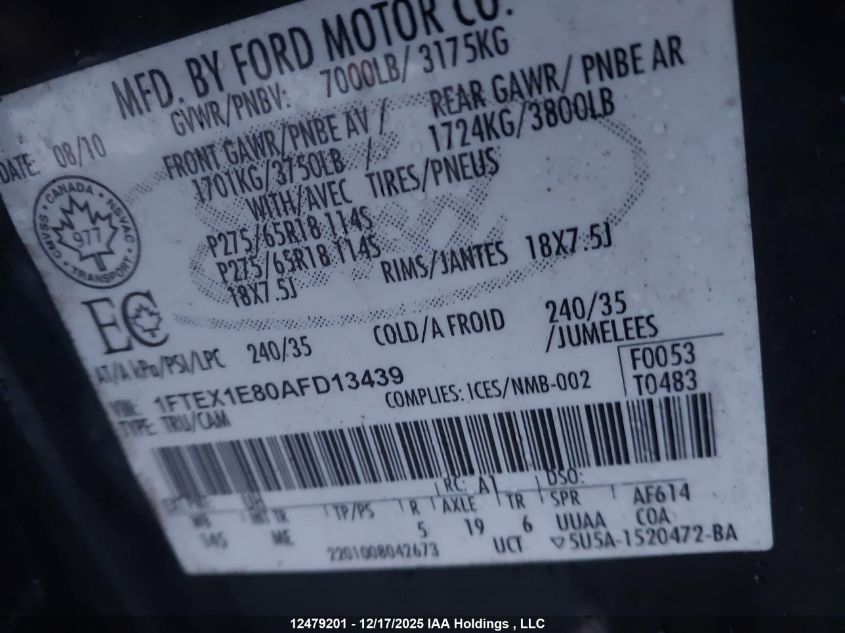 2010 Ford F-150 Stx/Xl/Xlt VIN: 1FTEX1E80AFD13439 Lot: 12479201