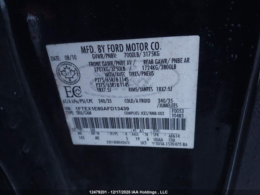 2010 Ford F-150 Stx/Xl/Xlt VIN: 1FTEX1E80AFD13439 Lot: 12479201