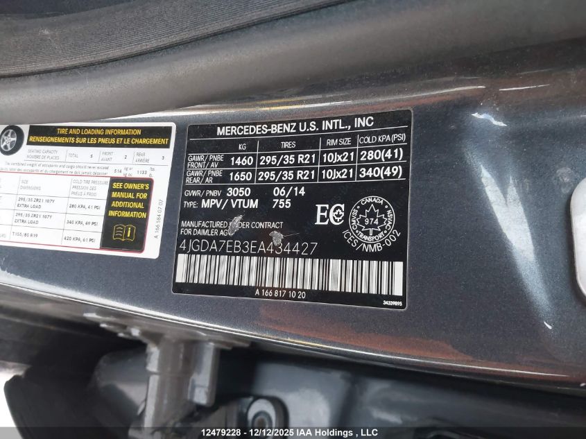 2014 Mercedes-Benz M-Class Ml 63 Amg VIN: 4JGDA7EB3EA434427 Lot: 12479228