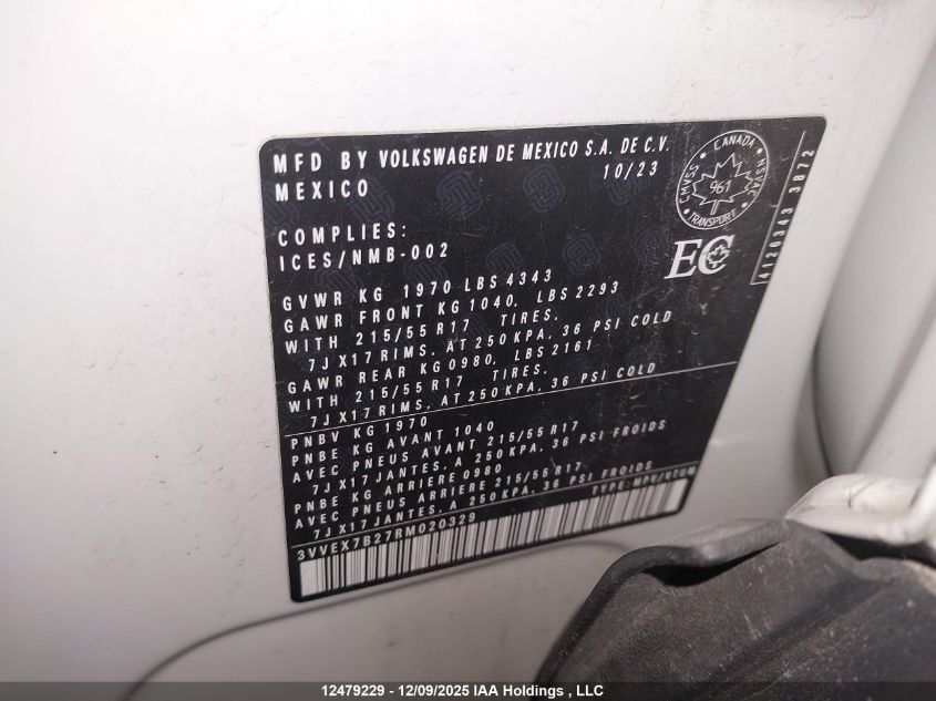 2024 Volkswagen Taos Se VIN: 3VVEX7B27RM020329 Lot: 12479229