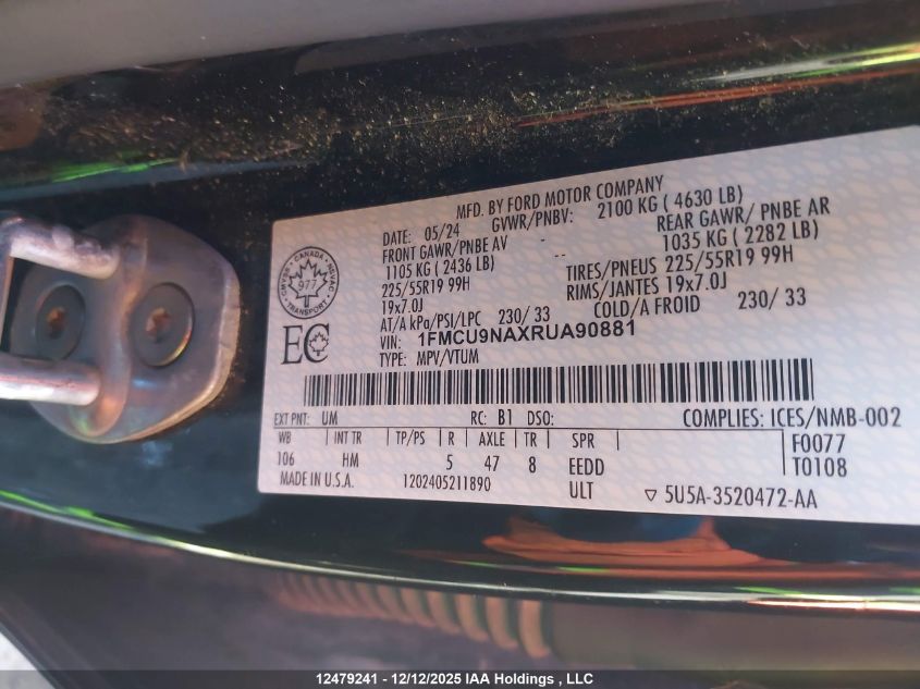 2024 Ford Escape St-Line Select VIN: 1FMCU9NAXRUA90881 Lot: 12479241