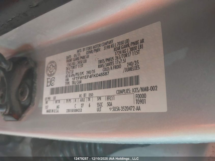 2015 Ford F-150 Xlt VIN: 1FTFW1EF4FKD45587 Lot: 12479257