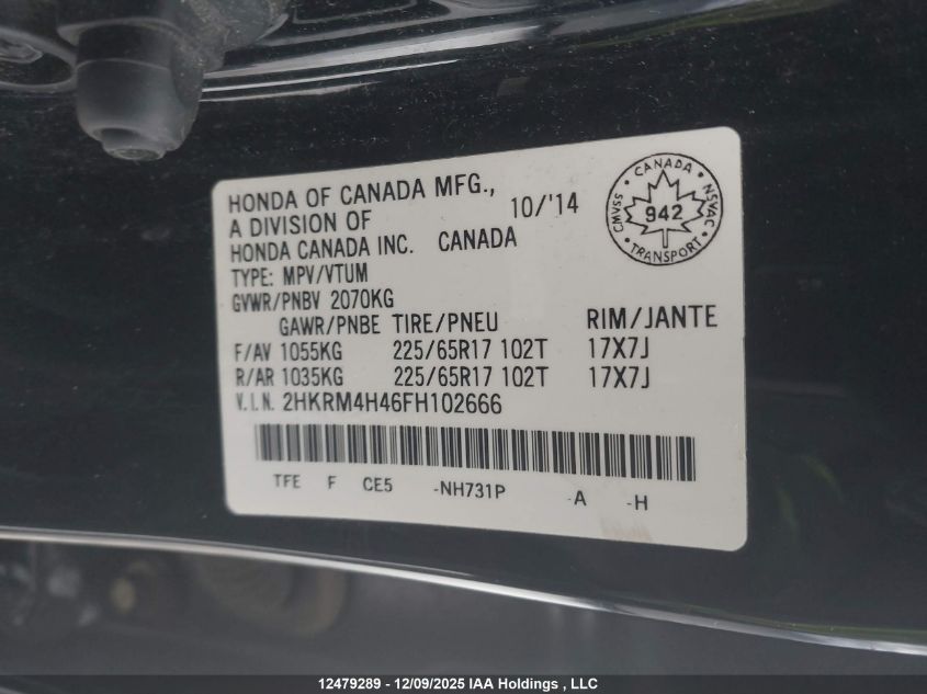 2015 Honda Cr-V Se VIN: 2HKRM4H46FH102666 Lot: 12479289