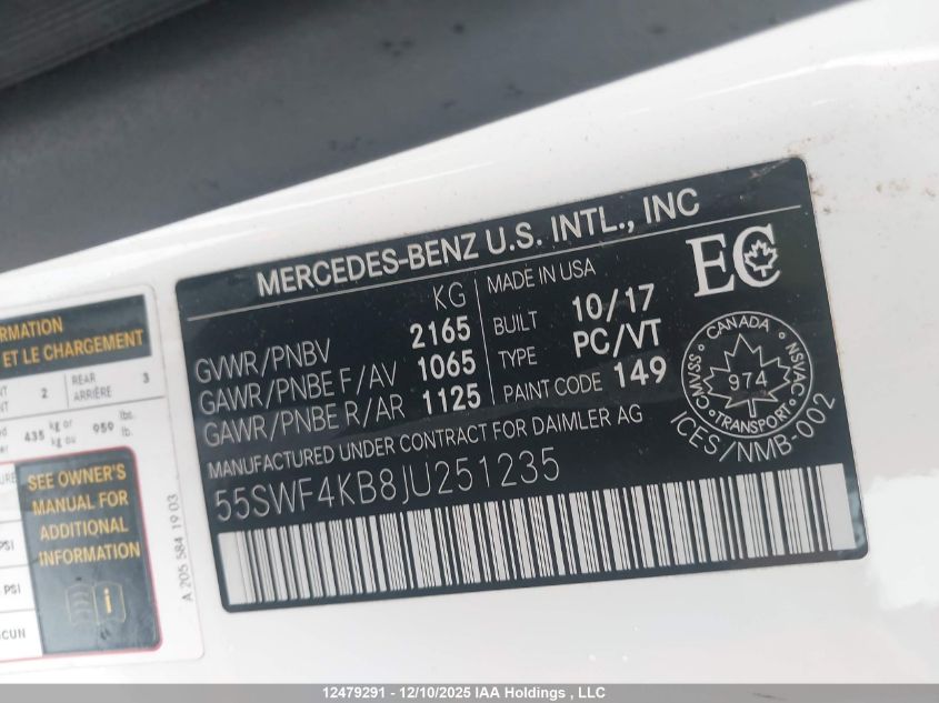 2018 Mercedes-Benz C 300 4Matic VIN: 55SWF4KB8JU251235 Lot: 12479291