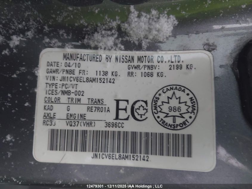 2010 Infiniti G37 VIN: JN1CV6EL8AM152142 Lot: 12479301