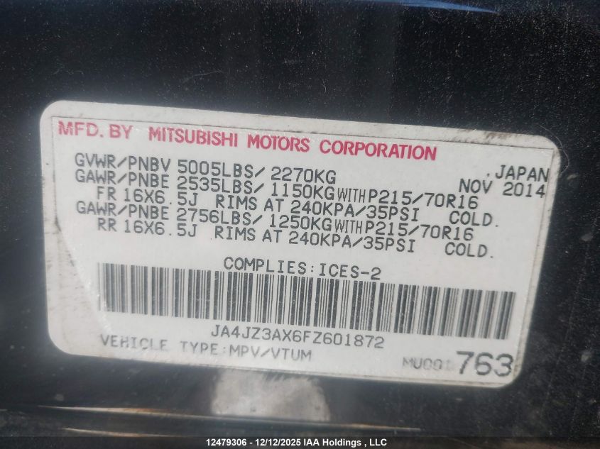 2015 Mitsubishi Outlander Se VIN: JA4JZ3AX6FZ601872 Lot: 12479306