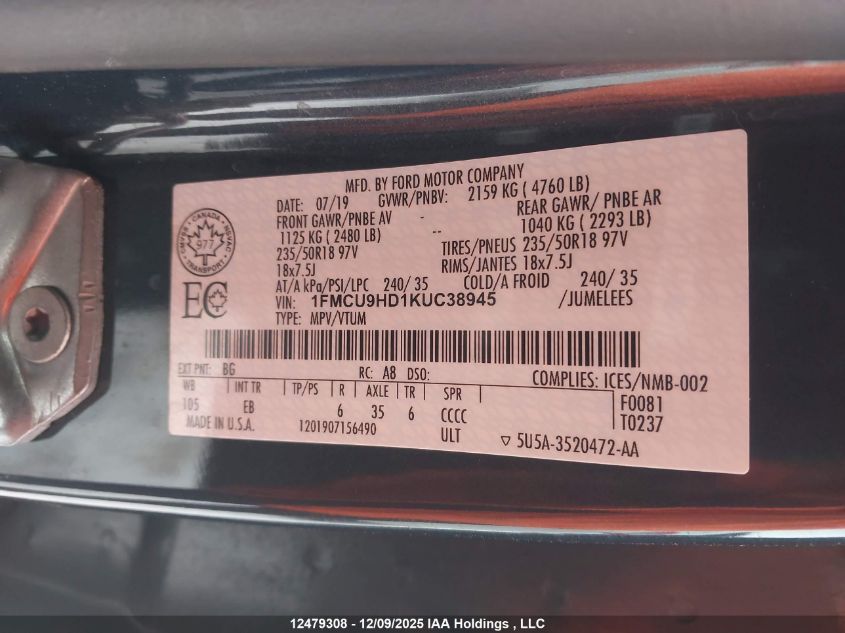 2019 Ford Escape Sel VIN: 1FMCU9HD1KUC38945 Lot: 12479308