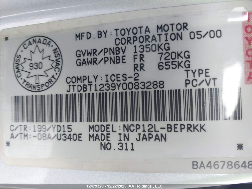 2000 Toyota Echo VIN: JTDBT1239Y0083288 Lot: 12479320