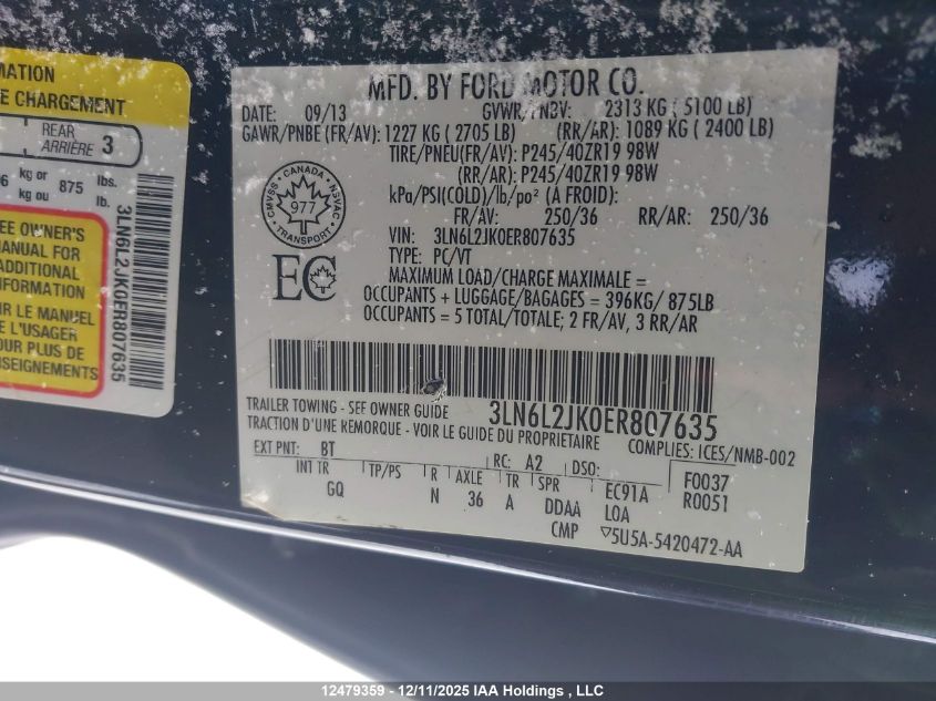 2014 Lincoln Mkz VIN: 3LN6L2JK0ER807635 Lot: 12479359