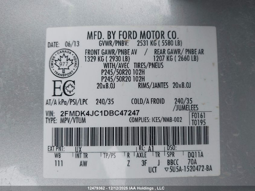 2013 Ford Edge Sel VIN: 2FMDK4JC1DBC47247 Lot: 12479362