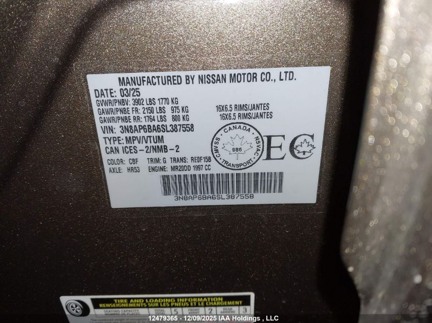 2025 Nissan Kicks S VIN: 3N8AP6BA6SL387558 Lot: 12479365