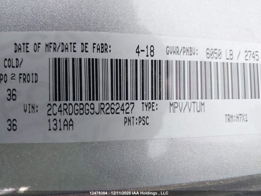 2018 Dodge Grand Caravan Se VIN: 2C4RDGBG9JR262427 Lot: 12479384