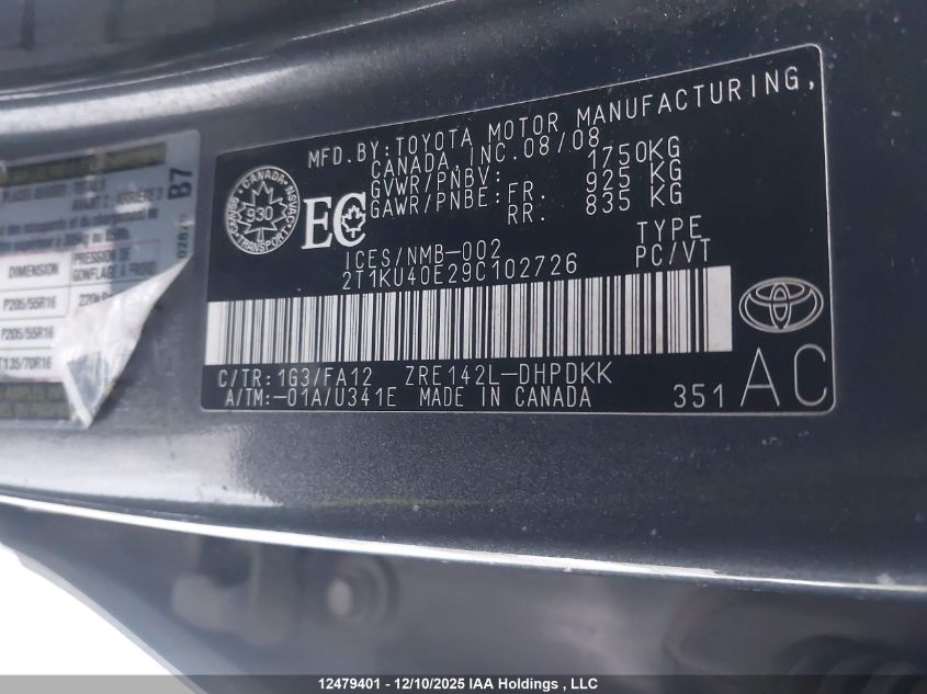 2009 Toyota Matrix Wagon VIN: 2T1KU40E29C102726 Lot: 12479401