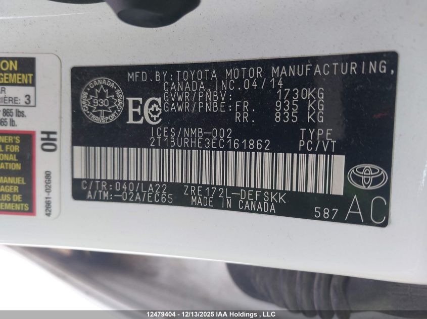 2014 Toyota Corolla S VIN: 2T1BURHE3EC161862 Lot: 12479404