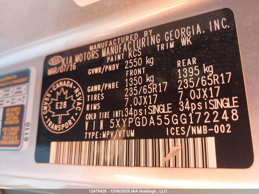 2016 Kia Sorento 3.3L Lx + VIN: 5XYPGDA55GG172248 Lot: 12479428