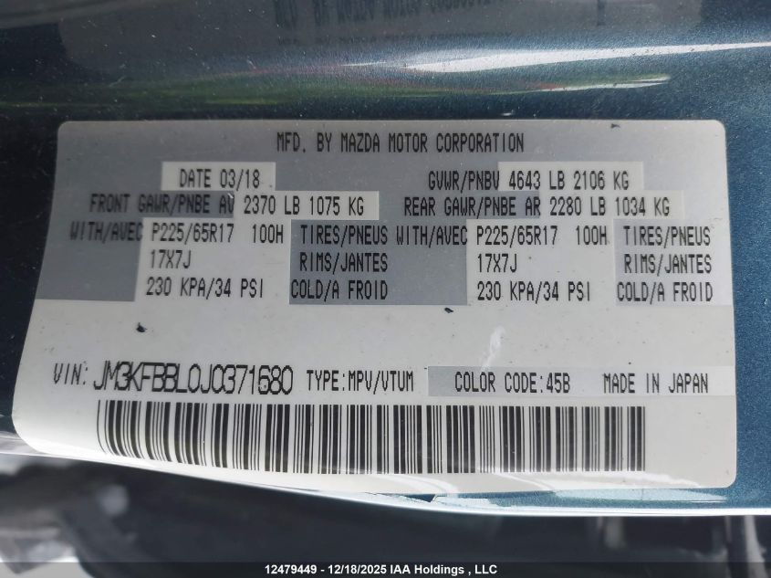 2018 Mazda Cx-5 Gx VIN: JM3KFBBL0J0371680 Lot: 12479449