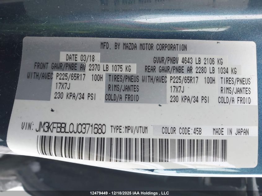 2018 Mazda Cx-5 Gx VIN: JM3KFBBL0J0371680 Lot: 12479449