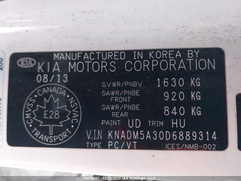 2013 Kia Rio VIN: KNADM5A30D6889314 Lot: 12479457