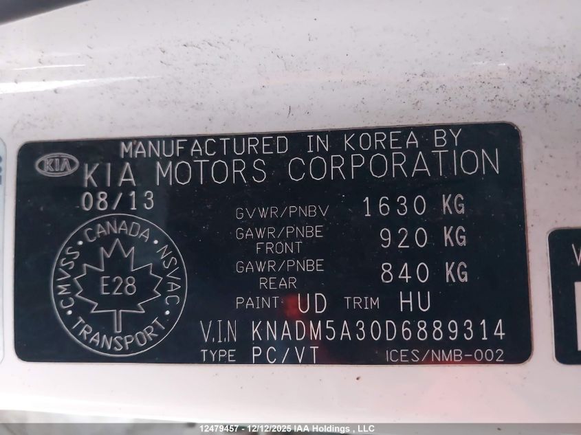 2013 Kia Rio VIN: KNADM5A30D6889314 Lot: 12479457