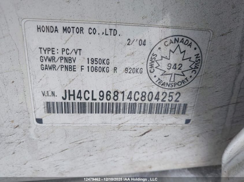 2004 Acura Tsx VIN: JH4CL96814C804252 Lot: 12479462