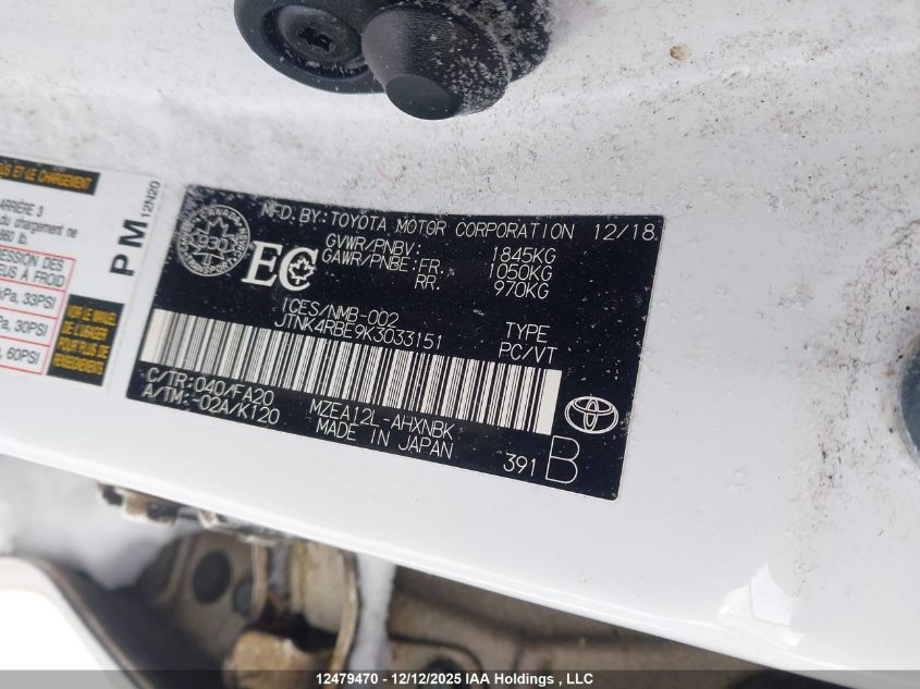 2019 Toyota Corolla VIN: JTNK4RBE9K3033151 Lot: 12479470