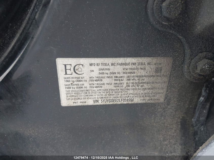 2020 Tesla Model Y Long Range VIN: 5YJYGDEE2LF024994 Lot: 12479474