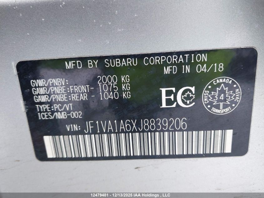 2018 Subaru Wrx VIN: JF1VA1A6XJ8839206 Lot: 12479481