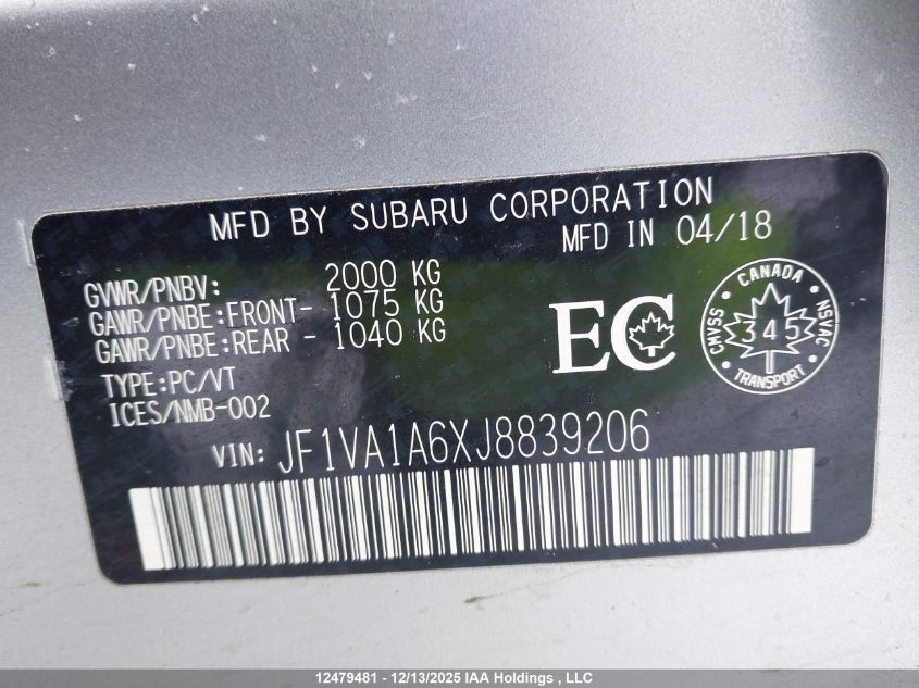 2018 Subaru Wrx VIN: JF1VA1A6XJ8839206 Lot: 12479481
